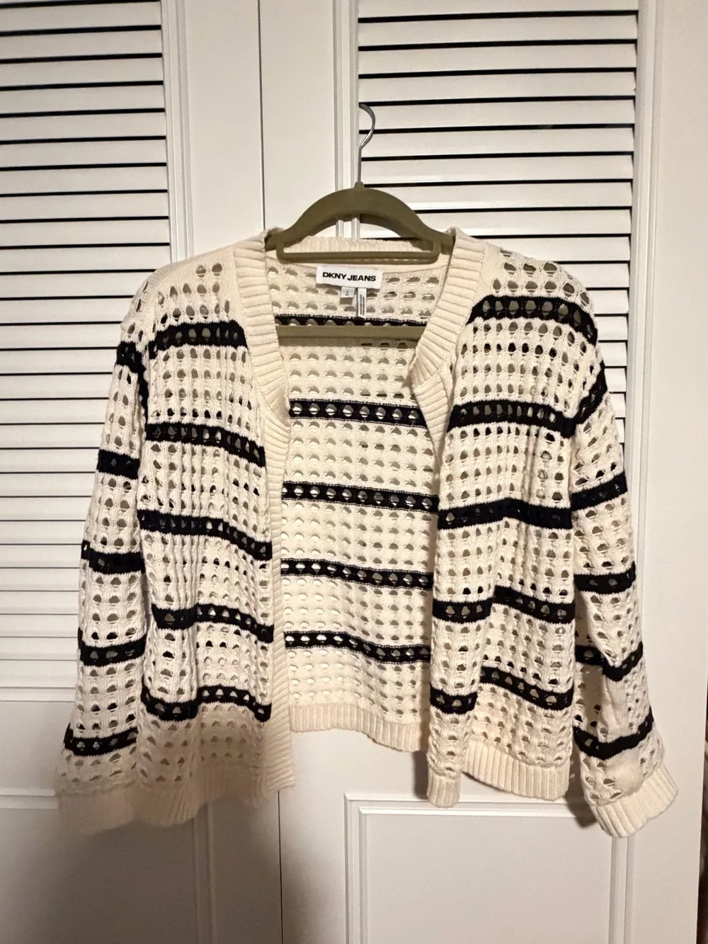 DKNY Striped Openwork Cardigan - Eggnog & Black